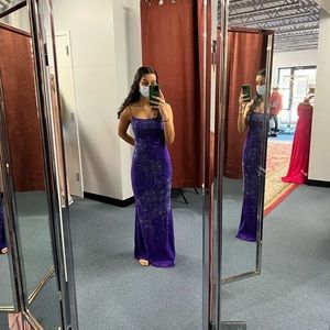 Purple patterned beaded prom dress